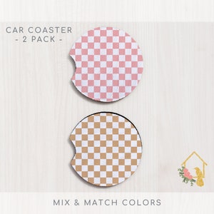 Checker Car Coaster Set of 2 - Cute Car Accessory - Retro Neoprene Car Coaster - Teen Gift - Preppy Checkerboard Car Decor