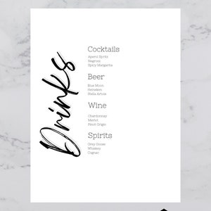 Wedding bar menu template, Drink menu template