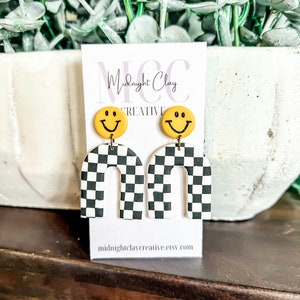 Checkered Smiley Face Arch Earrings