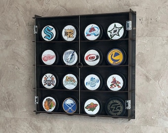 LIMITED OFFER,Hockey Puck Display Case,Hockey Puck Cabinet,Hockey Puck Holder,Hockey Birthday Gift,Personalized Option,Hockey puck Shelf,