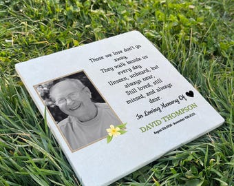 In Loving Memory of Dad – Personalized Photo Memorial Stone – UV Printed Limestone Grave Marker & Engraved Sympathy Keepsake