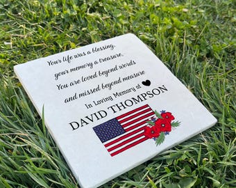 American Flag Grave Marker – Personalized UV Printed Limestone Memorial Plaque – Veteran Tribute & Sympathy Keepsake,