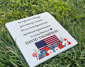 Veteran Memorial Stone with USA Flag – UV Printed Limestone Plaque – Personalized Remembrance Gift & Grave Marker