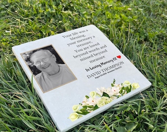 Personalized Photo Memorial Stone for Dad – UV Printed Limestone Grave Marker – Custom Engraved Sympathy Tribute & Keepsake Gift