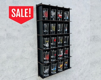 20 Shot Glass Display Case,12 Color Options,Shot Glass Display Shelf,Wall Mounted Shot Glass Holder,Shot Glass Gift idea,Shot Glass Rack
