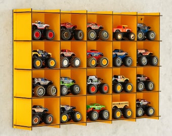 Yellow Wall Mounted Monster Car Shelf for collectors ,Monster Truck Display Case|Monster Truck Storage |Monster Car Organizer