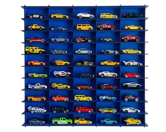 Blauw 1:64 speelgoedauto plank voor 50 auto's, vitrine speelgoedauto, display voor gegoten auto's, speelgoedautohouder, wandmontage auto-opslag, speelgoedautogarage