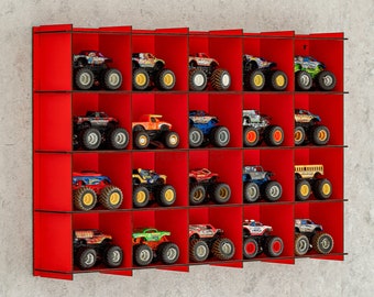 RED Monster Cars Display Shelf,Monster Truck Display Case|Wall Mounted Shelves|Monster Car Organizer|Toy Car Shelf|Monster Truck Rack