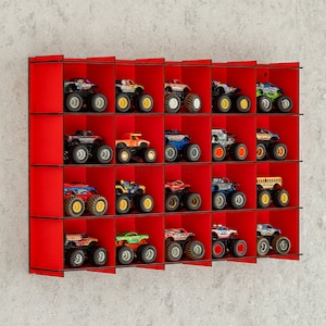 RED Monster Cars Display Shelf,Monster Truck Display Case|Wall Mounted Shelves|Monster Car Organizer|Toy Car Shelf|Monster Truck Rack