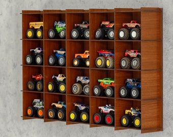 WALNUT Monster Cars Display Case,Monster Truck Display Case|Wall Mounted Car Shelves|Monster Car Organizer|Toy Car Shelf|Monster Truck Rack