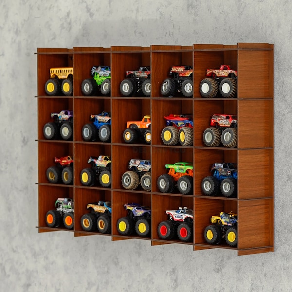 WALNUT Monster Cars Display Case,Monster Truck Display Case|Wall Mounted Car Shelves|Monster Car Organizer|Toy Car Shelf|Monster Truck Rack