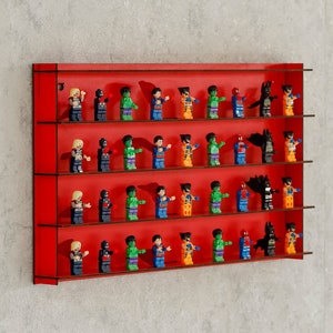 Rode planken minifiguurvitrine, minifiguurvitrinekast, minifiguurstandaard, minifiguuropberger, minifiguurwandplank, minifiguur