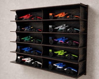 Display Shelf for Brick-Built Racing Cars, 10 Compartments, Wall Mounted MDF Rack