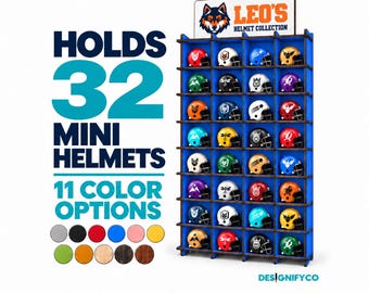 Mini Football Helmet Display Case for 32 Helmets, Optional Personalized Sign, 11 Colors