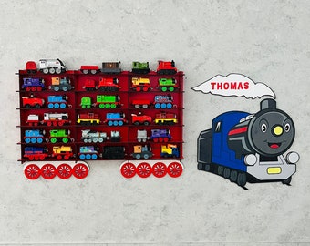 Mensola per trenini giocattolo rossa, scaffale per trenini giocattolo, portaoggetti per trenini, scaffale per trenini, regalo per bambini con trenini giocattolo, espositore per trenini da parete, vetrina per trenini.