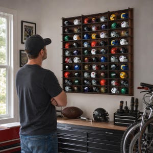 Op de afbeelding: Een grote, rechthoekige wandvitrine van donker hout met meerdere horizontale planken. De vitrine is gevuld met talloze miniatuur footballhelmen in diverse teamkleuren en ontwerpen, gerangschikt in nette en georganiseerde rijen.