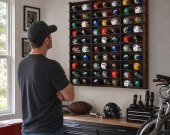 Walnut 80 Football Mini Helmets Display Case,Memorabilia Organizer Rack,Football Collectibles Stand,National Football Helmets Display Case