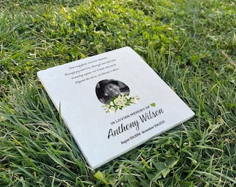Personalized Photo Memorial Stone for Dad – UV Printed Limestone Grave Marker – Engraved Remembrance Plaque & Sympathy Gift