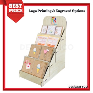 Customizable Wooden Greeting Card Stand – Postcard & Sticker Display – Personalized Rustic Organizer for Desk or Gift Shop