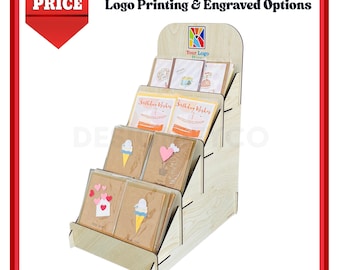 Customizable Wooden Greeting Card Stand – Postcard & Sticker Display – Personalized Rustic Organizer for Desk or Gift Shop