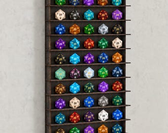 D20 Dice Display Shelf, 50 Slots, Wall Mounted, Optional Personalized Sign
