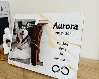 パーソナライズされたユニークな大理石をテーマにしたペットメモリアルサイン | 犬メモリアル木製フレームと首輪 | 写真付きペットカラーサインホルダーメモリアル