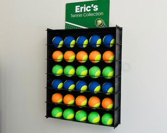 Personalized Tennis Ball Display Rack with Custom Name Sign, Wall Mounted Organizer for 30 Balls, Tennis Coach Gift for Him or Her