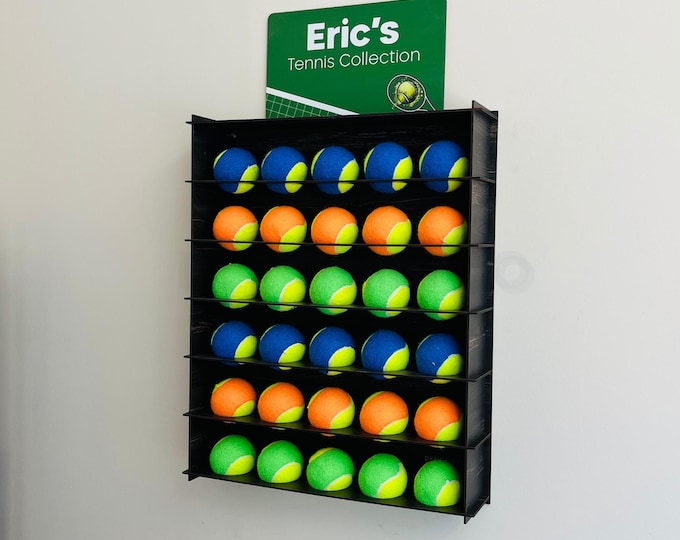 Personalized Tennis Ball Display Rack with Custom Name Sign, Wall Mounted Organizer for 30 Balls, Tennis Coach Gift for Him or Her