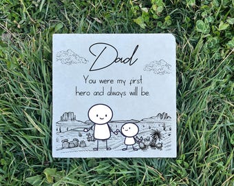 Stick Figure Art Dad Memorial Plaque - 8x8" UV Printed Limestone - Sympathy Gift for Father’s Passing, Grief Keepsake,Memorial Stone
