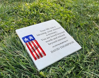 Personalized USA Flag Memorial Plaque – UV Printed Limestone Grave Marker – Custom Engraved Sympathy Gift & Outdoor Tribute