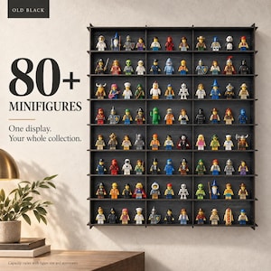 Op de afbeelding: Een rechthoekige zwarte wandplank met meerdere horizontale rijen en verticale verdelers, met meer dan 80 kleine plastic speelgoedfiguurtjes. De tekst links luidt: OLD BLACK, 80+ MINIFIGURES, One display. Your whole collection.