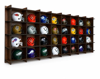 32 mini voetbalhelmen display, hockeymemorabilia organizer plank verzamelobjecten staan, minihelmen vitrine, voetbalhelm verzamelaar