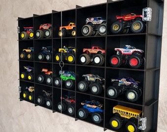 OUDE ZWARTE Monster Trucks-vitrineplank met hoesopties, Monster Truck-vitrine, monsterauto-vitrine, monsterautoplank en planken,