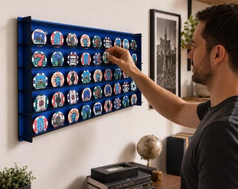 Blauwe vitrine voor casinochips, kunst aan de muur voor muntenverzamelaar
