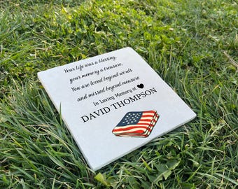 Custom American Flag Memorial Stone – UV Printed Limestone Keepsake – Patriotic Remembrance Gift & Military Tribute