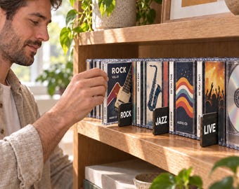 Custom Media Shelf Dividers with Personalized Genre Labels for Music and Movie Collections