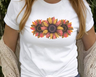 T-shirt Fall Sunflowers, camicia di girasole arancione e leopardata, camicia da donna ispiratrice, regalo per lei