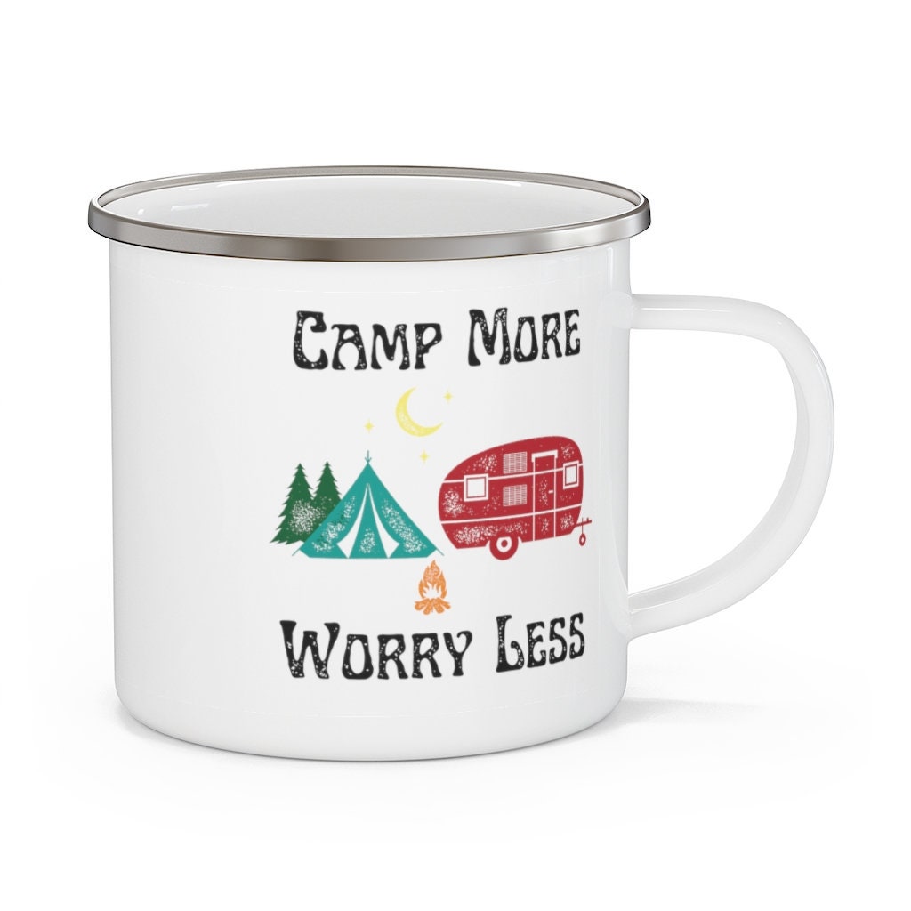 Camp More Worry Less Enamel White Metal Camp Mug - Namastay Nature
