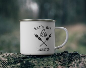 Let's Get Toasted Enamel Camping Mug, camping lover gift, group camping gift, family camping mug