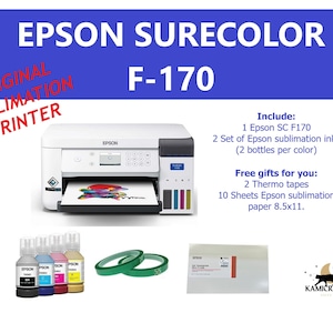 May include: White Epson SureColor F-170 sublimation printer with a set of sublimation inks, two rolls of green heat tape, and a pack of sublimation paper. The printer is on a white background with the text "Include: 1 Epson SC F170 2 Set of Epson sublimation inks (2 bottles per color) Free gifts for you: 2 Thermo tapes 10 Sheets Epson sublimation paper 8.5x11."