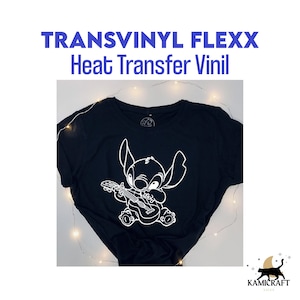 Puede incluir: Una camiseta negra con un contorno blanco de Stitch de Lilo & Stitch tocando una guitarra. El texto "TRANSVINYL FLEXX Heat Transfer Vinyl" est&aacute; en la parte superior de la imagen. El texto "KAMICRAFT SALES" est&aacute; en la parte inferior de la imagen.