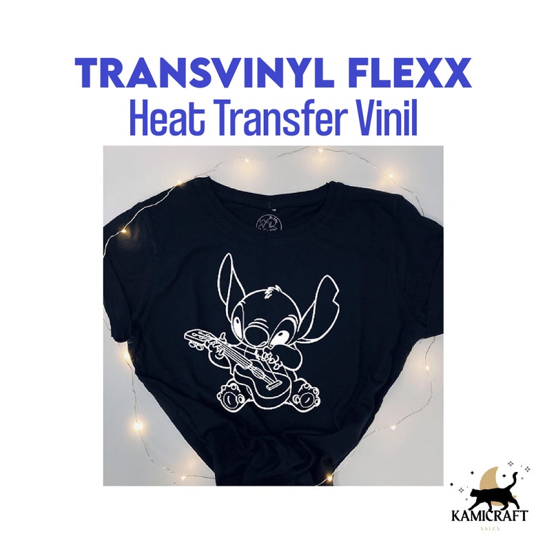 Puede incluir: Una camiseta negra con un contorno blanco de Stitch de Lilo & Stitch tocando una guitarra. El texto "TRANSVINYL FLEXX Heat Transfer Vinyl" est&aacute; en la parte superior de la imagen. El texto "KAMICRAFT SALES" est&aacute; en la parte inferior de la imagen.