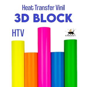 May include: Five rolls of heat transfer vinyl in different colors: yellow, orange, pink, blue, and green. The vinyl is labeled "HTV 3D BLOCK".