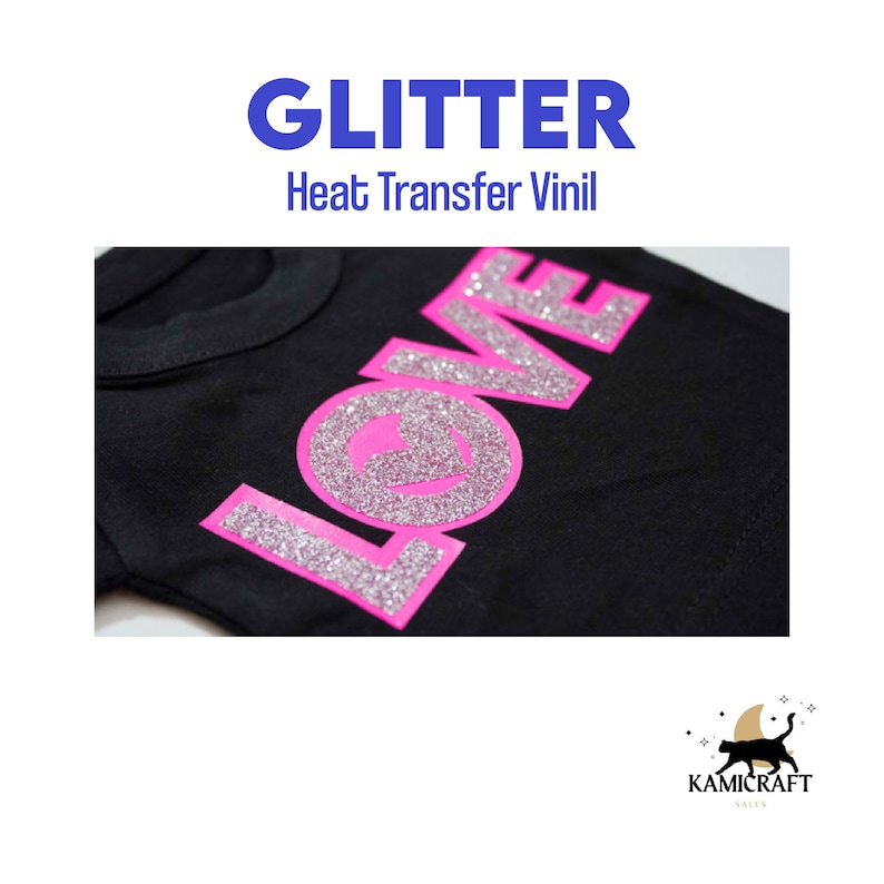 May include: A black t-shirt with the word "LOVE" in pink glitter heat transfer vinyl. The "O" in LOVE is a heart shape.