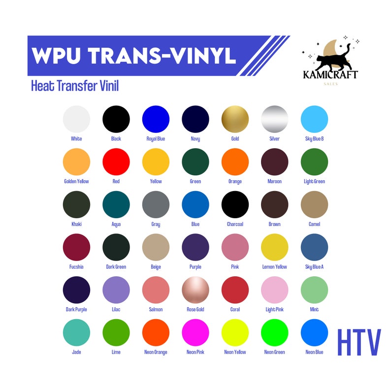 Puede incluir: Una carta de colores que muestra 36 colores diferentes de vinilo de transferencia de calor. Los colores est&aacute;n dispuestos en filas y columnas. Los colores incluyen blanco, negro, azul real, azul marino, oro, plata, azul cielo, amarillo dorado, rojo, amarillo, verde, naranja, marr&oacute;n, verde claro, caqui, aguamarina, gris, azul, carb&oacute;n, marr&oacute;n, camel, fucsia, verde oscuro, beige, morado, rosa, amarillo lim&oacute;n, azul cielo, morado oscuro, lila, salm&oacute;n, oro rosa, coral, rosa claro, menta, jade, lima, naranja ne&oacute;n, rosa ne&oacute;n, amarillo ne&oacute;n, verde ne&oacute;n y azul ne&oacute;n. La carta est&aacute; etiquetada como "WPU TRANS-VINYL Heat Transfer Vinil" y "HTV".