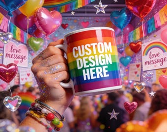 Taza de café personalizada con asa, 325 ml, con nombre personalizado y diseño de arcoíris LGBTQ+ - Taza de cerámica sublimada de primera calidad - Bandera del orgullo LGBTQ+ 2026 "El amor es amor"