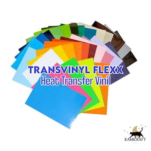 May include: A variety of colors of heat transfer vinyl sheets, labeled "TRANSVINYL FLEXX Heat Transfer Vinyl".