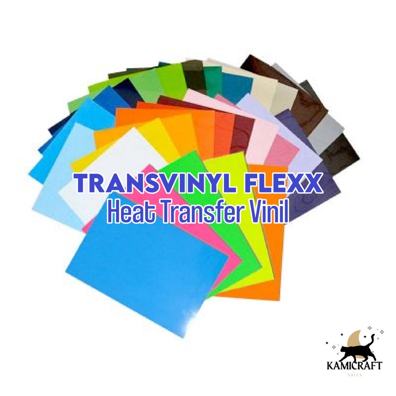 Puede incluir: Una variedad de colores de l&aacute;minas de vinilo de transferencia de calor, etiquetadas como "TRANSVINYL FLEXX Heat Transfer Vinyl".
