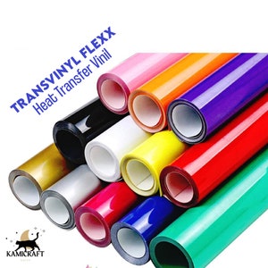 May include: Assortment of rolls of heat transfer vinyl in various colors, including black, white, gold, silver, red, blue, green, yellow, orange, and purple. The rolls are labeled "TRANSVINYL FLEXX Heat Transfer Vinyl".