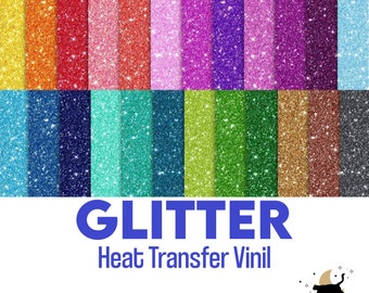 May include: A variety of colors of glitter heat transfer vinyl. The colors include red, orange, yellow, green, blue, purple, pink, gold, silver, and black. The vinyl is arranged in rows of 12 colors.